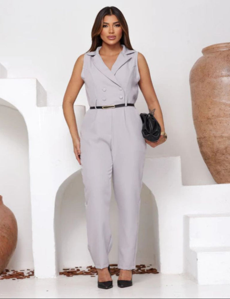 Macacão Elegante Feminino Alfaiataria com Zíper Frontal, Manga Curta e Cinto
