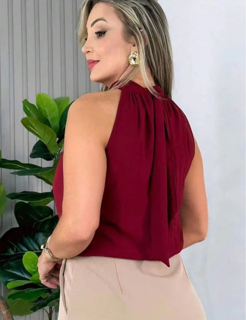 Blusa Feminina Regata Estilosa Gola Alta com Amarração Elegante
