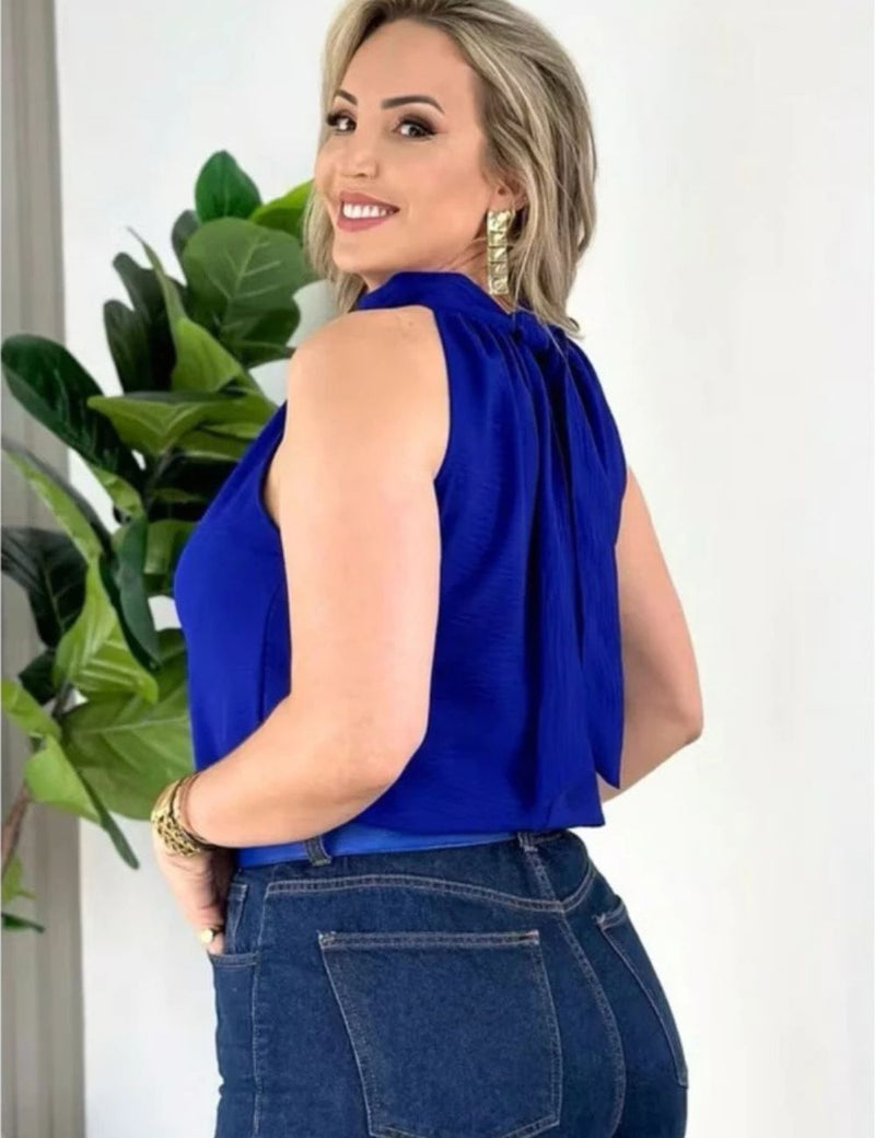 Blusa Feminina Regata Estilosa Gola Alta com Amarração Elegante