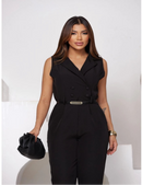 Macacão Elegante Feminino Alfaiataria com Zíper Frontal, Manga Curta e Cinto