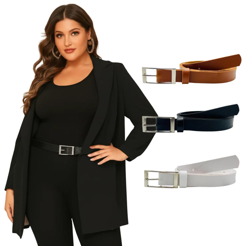 Conjunto com 3 Cintos Femininos Finos 2cm Elegantes para Calça Social Alfaiataria Fivela Prata Plus Size