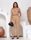 Macacão Elegante Feminino Alfaiataria com Zíper Frontal, Manga Curta e Cinto