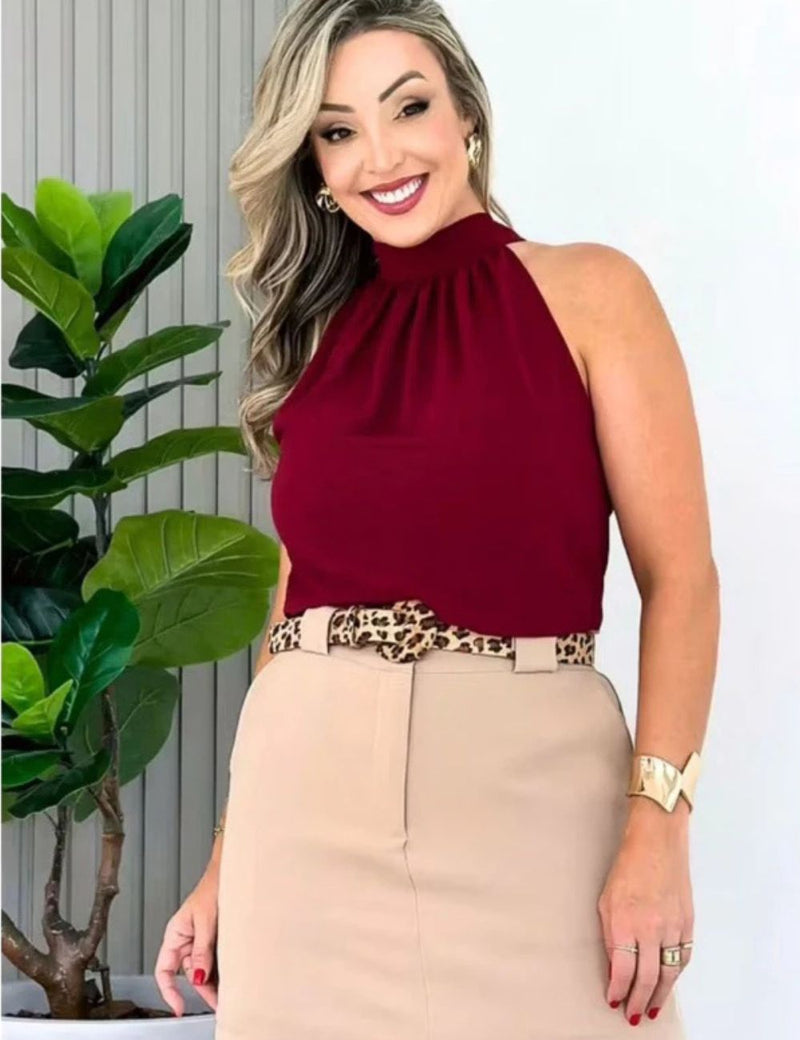 Blusa Feminina Regata Estilosa Gola Alta com Amarração Elegante