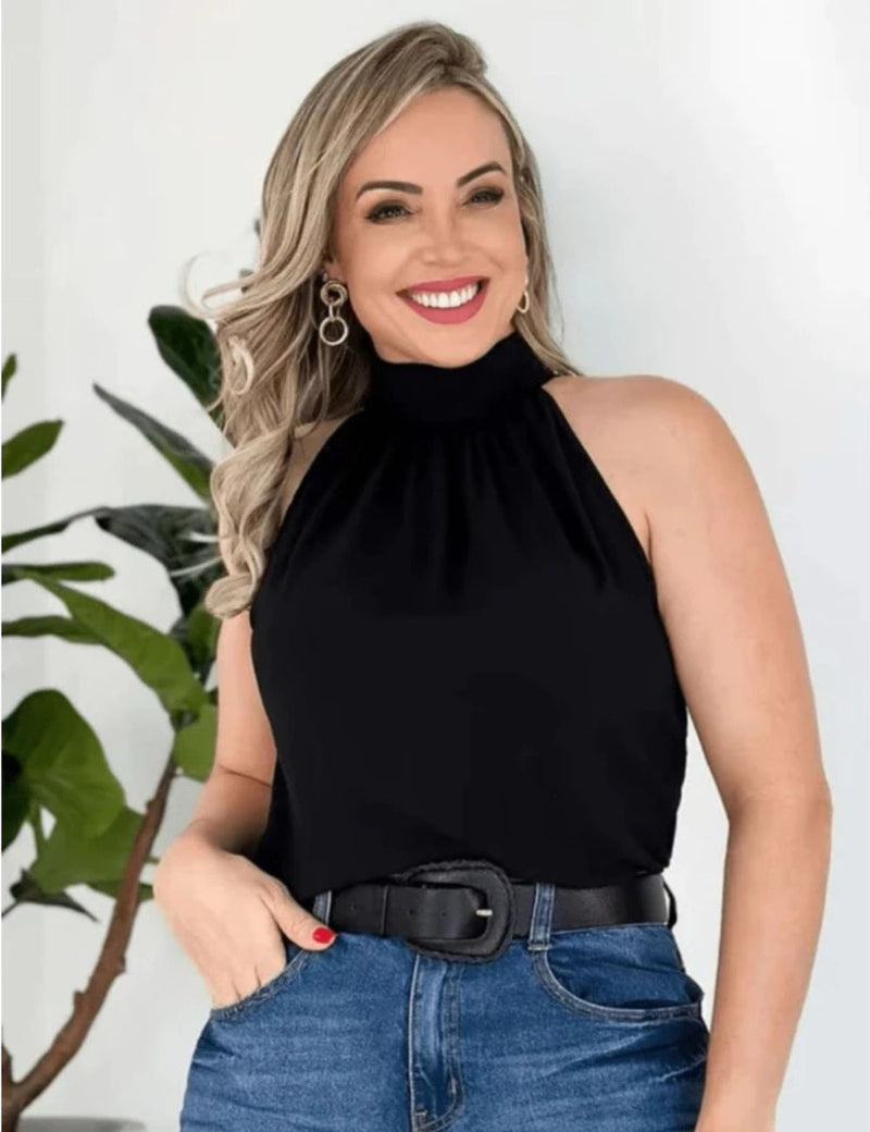 Blusa Feminina Regata Estilosa Gola Alta com Amarração Elegante