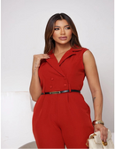 Macacão Elegante Feminino Alfaiataria com Zíper Frontal, Manga Curta e Cinto