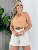 Blusa Feminina Regata Estilosa Gola Alta com Amarração Elegante