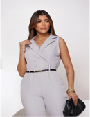 Macacão Elegante Feminino Alfaiataria com Zíper Frontal, Manga Curta e Cinto