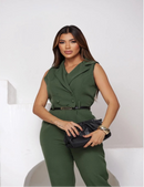 Macacão Elegante Feminino Alfaiataria com Zíper Frontal, Manga Curta e Cinto