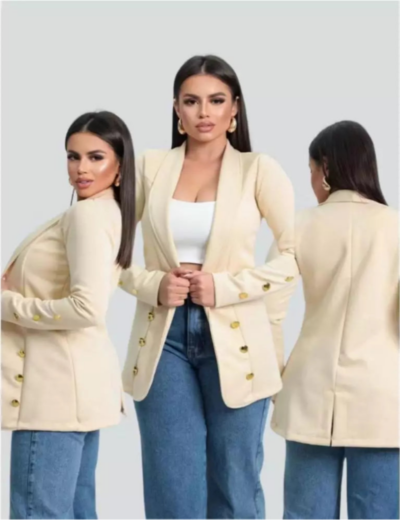 Blazer Feminino Alongado de Neoprene Acinturado com Botões – Social e Elegante