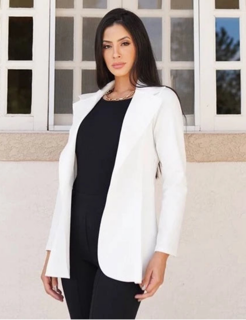 Blazer Feminino Alongado em Neoprene Acinturado – Estilo Sobretudo Moderno e Elegante