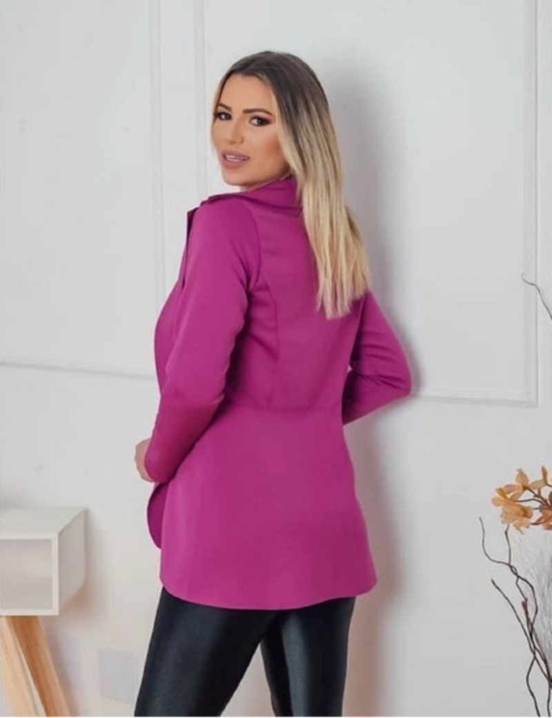 Blazer Feminino Alongado em Neoprene Acinturado – Estilo Sobretudo Moderno e Elegante