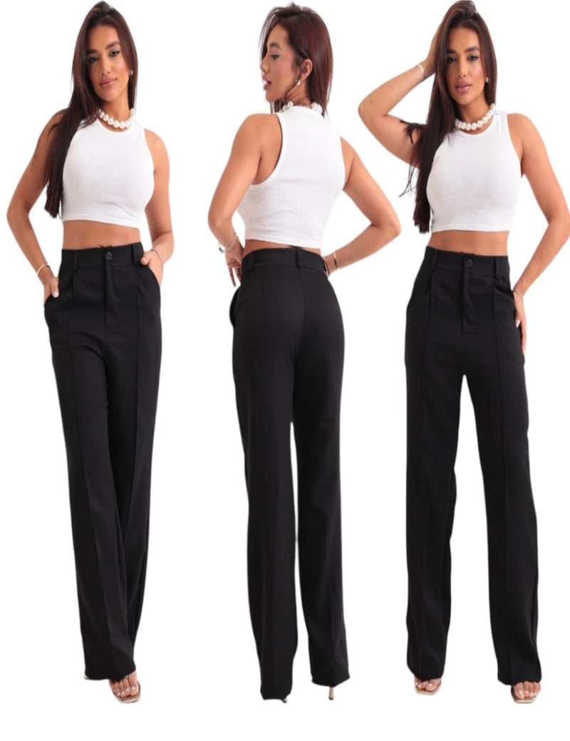 Calça Pantalona de Alfaiataria Premium Wide Leg Preta com Elastano – Design Elegante