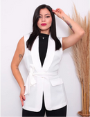 Colete Midi com Cinto e Gola Xale Feminino em Tecido de Alfaiataria