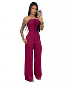 Conjunto Feminino Elegante em Alfaiataria – Blusa Tomara Que Caia com Elástico nas Costas e Calça Pantalona