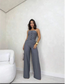 Conjunto Feminino Elegante em Alfaiataria – Blusa Tomara Que Caia com Elástico nas Costas e Calça Pantalona