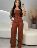 Conjunto Feminino Elegante em Alfaiataria – Blusa Tomara Que Caia com Elástico nas Costas e Calça Pantalona