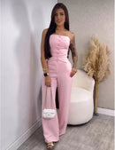 Conjunto Feminino Elegante em Alfaiataria – Blusa Tomara Que Caia com Elástico nas Costas e Calça Pantalona