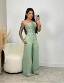 Conjunto Feminino Elegante em Alfaiataria – Blusa Tomara Que Caia com Elástico nas Costas e Calça Pantalona