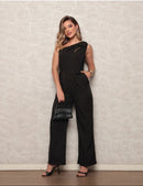 Macacão Alfaiataria Feminino Casual Chic Ombro Só Sem Manga com Detalhe Sofisticado