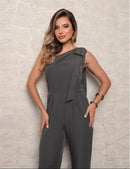 Macacão Alfaiataria Feminino Casual Chic Ombro Só Sem Manga com Detalhe Sofisticado