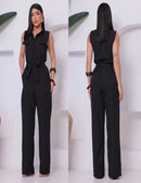 Macacão Feminino Estilo Social Alfaiataria Longo com Faixa e Bolsos Frontais