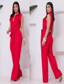 Macacão Feminino Estilo Social Alfaiataria Longo com Faixa e Bolsos Frontais