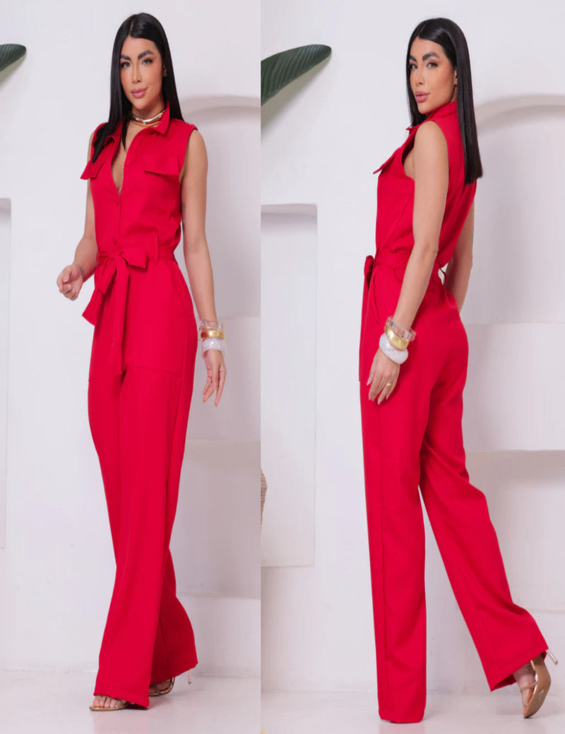 Macacão Feminino Estilo Social Alfaiataria Longo com Faixa e Bolsos Frontais