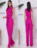 Macacão Feminino Estilo Social Alfaiataria Longo com Faixa e Bolsos Frontais