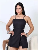 Macaquinho Feminino Estilo Alfaiataria Social com Short-Saia e Bojo