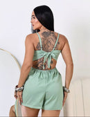 Macaquinho Feminino Estilo Alfaiataria Social com Short-Saia e Bojo