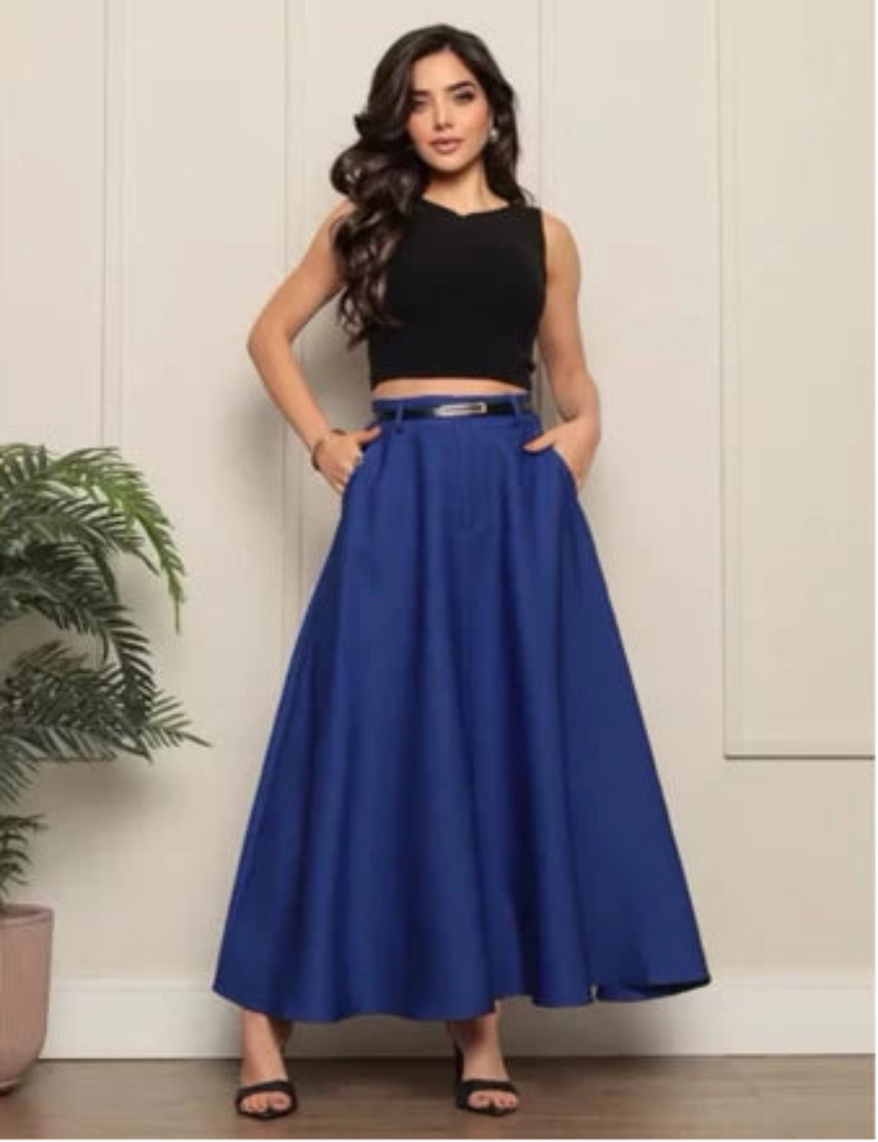 Saia Longa Feminina Rodada Alfaiataria Social Elegante Cintura Alta Moda Evangélica Casual