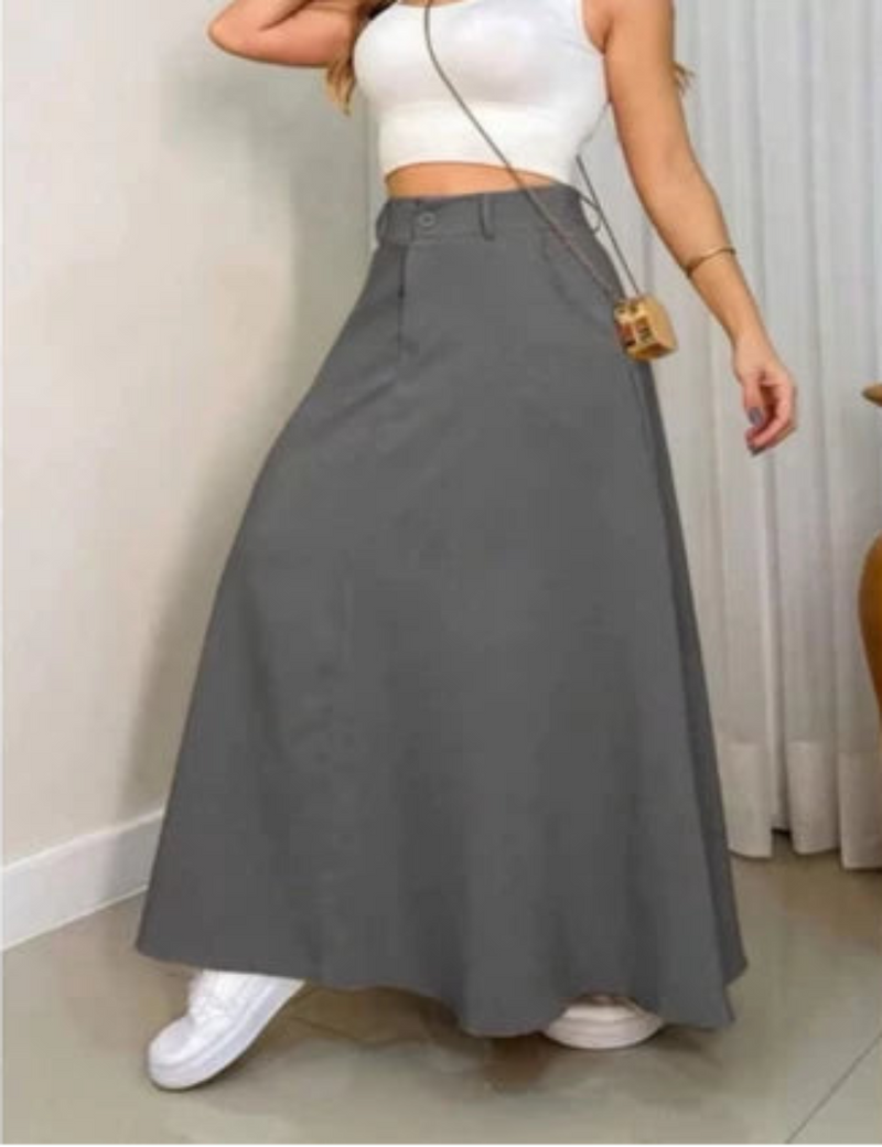 Saia Longa Feminina Rodada Alfaiataria Social Elegante Cintura Alta Moda Evangélica Casual