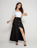 Saia Midi Longa Social Feminina em Alfaiataria Elegante com Bolsos Frontais e Detalhe de 8 Botões Cintura Alta