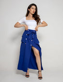 Saia Midi Longa Social Feminina em Alfaiataria Elegante com Bolsos Frontais e Detalhe de 8 Botões Cintura Alta