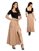 Saia Midi Longa Social Feminina em Alfaiataria Elegante com Bolsos Frontais e Detalhe de 8 Botões Cintura Alta