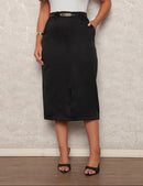 Saia Midi Longa de Alfaiataria Feminina Social Cintura Alta com Cinto e Bolsos Moda Evangélica Elegante