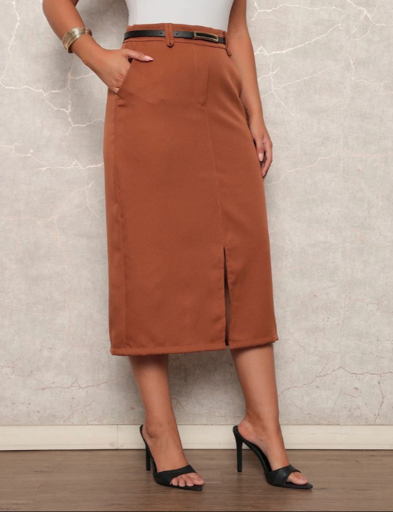 Saia Midi Longa de Alfaiataria Feminina Social Cintura Alta com Cinto e Bolsos Moda Evangélica Elegante