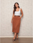 Saia Midi Longa de Alfaiataria Feminina Social Cintura Alta com Cinto e Bolsos Moda Evangélica Elegante