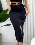 Saia Midi Social com Cinto Estilo Elegante Tecido Luxo Feminina
