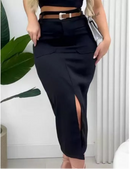 Saia Midi Social com Cinto Estilo Elegante Tecido Luxo Feminina