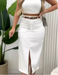 Saia Midi Social com Cinto Estilo Elegante Tecido Luxo Feminina