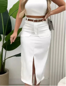 Saia Midi Social com Cinto Estilo Elegante Tecido Luxo Feminina