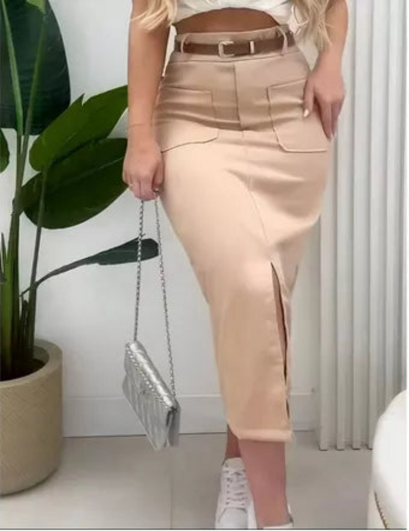 Saia Midi Social com Cinto Estilo Elegante Tecido Luxo Feminina