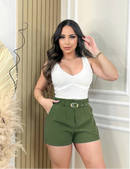 Short Social Alfaiataria Feminino com Cinto e Fivela Dourada