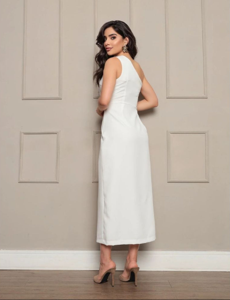 Vestido Longo de Festa Ombro Único com Fenda Lateral em Alfaiataria