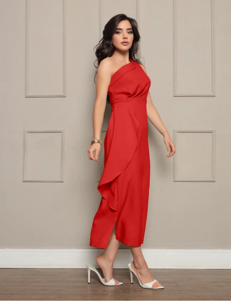 Vestido Longo de Festa Ombro Único com Fenda Lateral em Alfaiataria