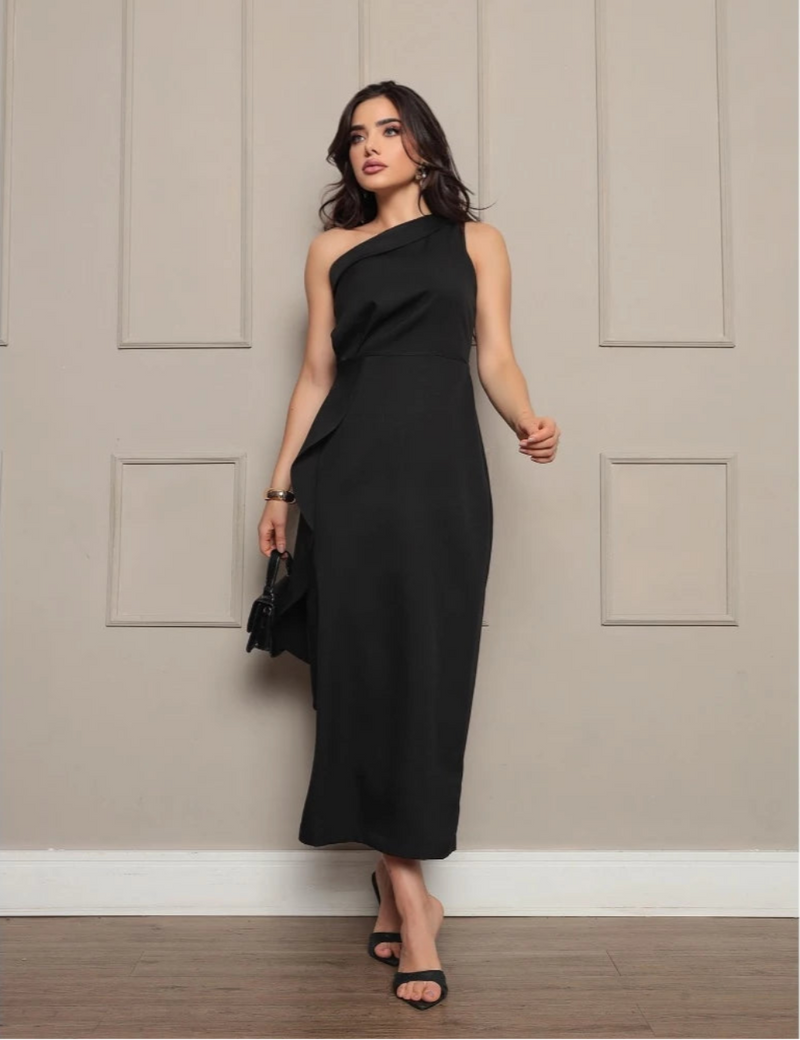 Vestido Longo de Festa Ombro Único com Fenda Lateral em Alfaiataria