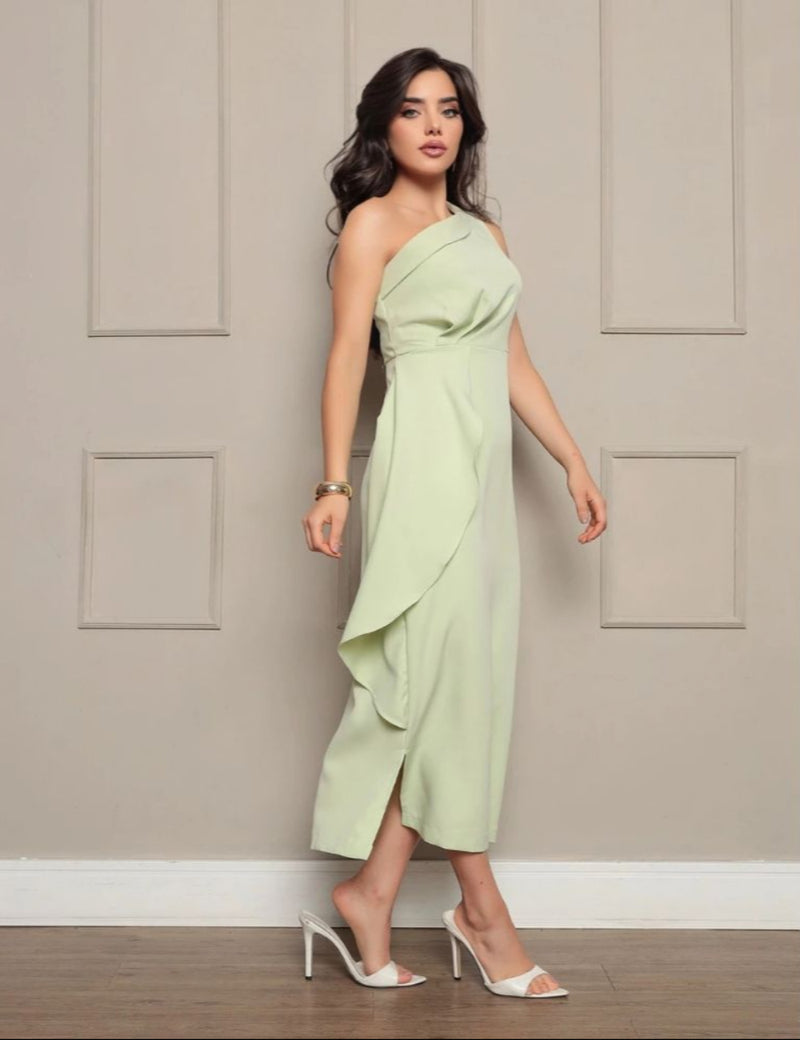 Vestido Longo de Festa Ombro Único com Fenda Lateral em Alfaiataria