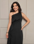 Vestido Longo de Festa Ombro Único com Fenda Lateral em Alfaiataria