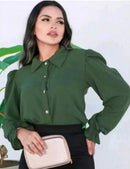 Camisa Social Feminina em Tecido Duna com Botões e Manga Longa Lastex